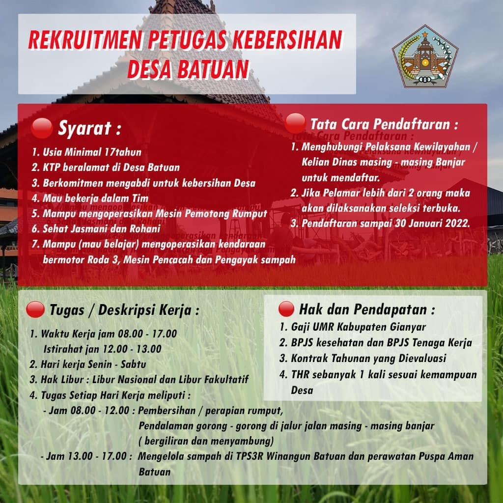 LOWONGAN PEKERJAAN PETUGAS KEBERSIHAN DESA BATUAN
